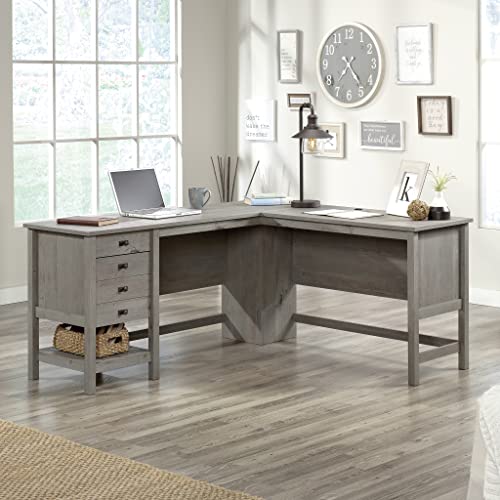 Image of Sauder Cottage Road L Shaped Desk Computer Desk with Drawers, Home Office Desk with Optional File Cabinet Storage, Cable Management, in Mystic Oak Finish