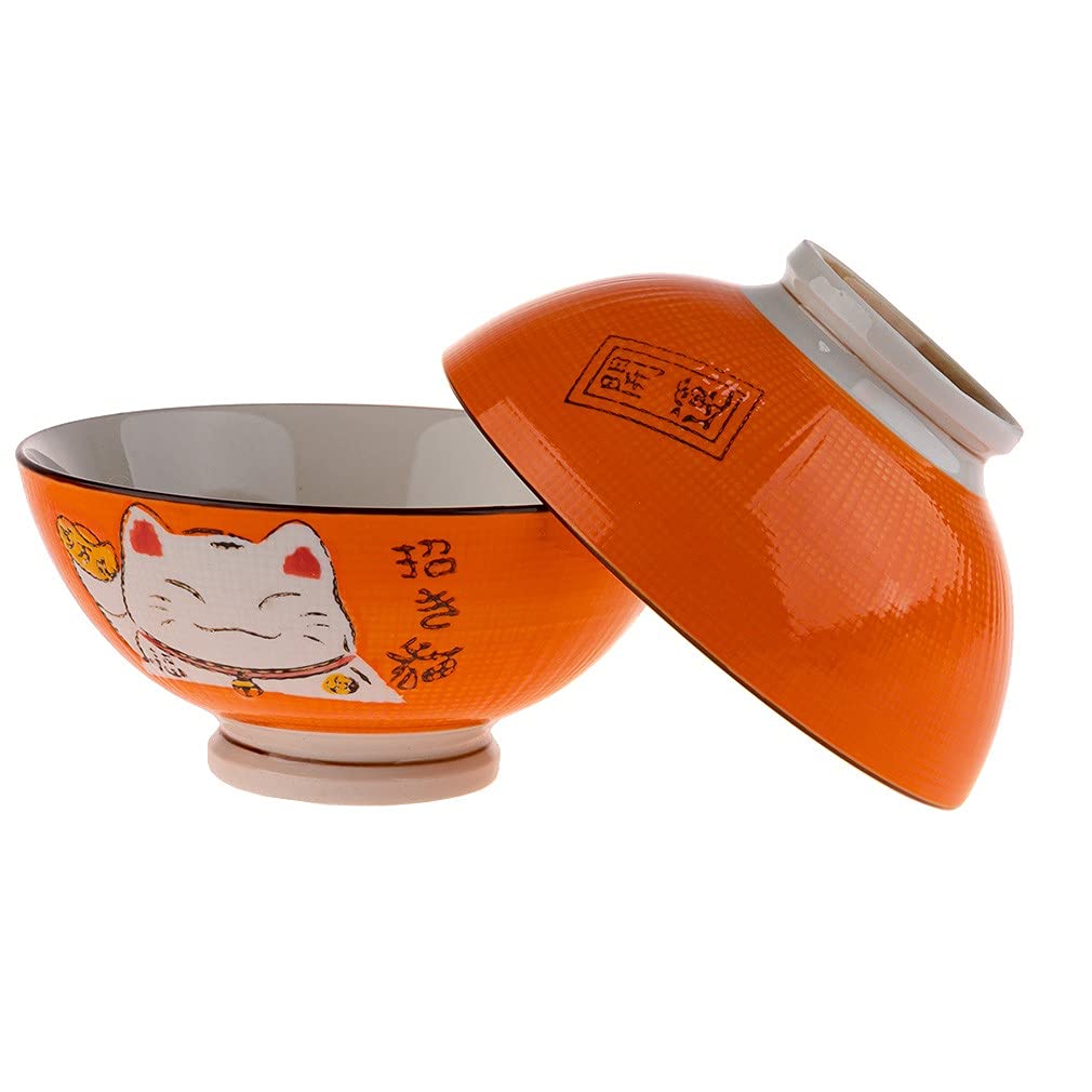 lachineuse - 2 Soup or Ramen Bowls - Maneki Neko Design - Orange - Multi-Use Bowls - Porcelain - Japanese Decoration - Japan Asia Gift Idea