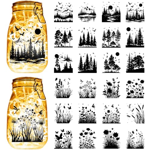 CREATCABIN 24PCS Forest Plants Silhouettes Jar Stickers Lantern Jar Decals Landscape Silhouettes Self-Adhesive Cutouts Paper Waterproof PVC Cutouts Decals for Wall Windows Glass 3.5x3.9in
