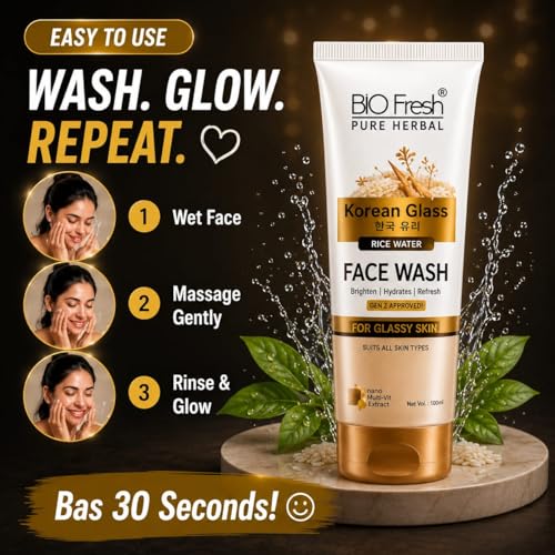 Image of BIOFRESH Pure Herbal Korean Glass Rice Water Face Wash - 100Ml, Ginseng & Fermented Rice Water, Brightening & Hydrating Cleanser for Glassy, Radiant Skin, No Parabens, Nano Multi-Vit Herbal Extract, Suitable for All Skin Types (Pack of 3)