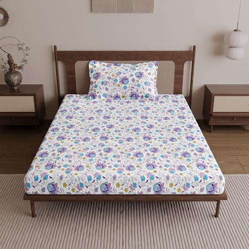 Image of Divine Casa 144 TC 100% Cotton Single Bedsheet for Single Bed with 1 Pillow Cover | Soft Breathable Comfortable Cotton Bedsheet Set for Bedroom & Guest Room | 145 x 223 cm (Purple Blue, Floral)
