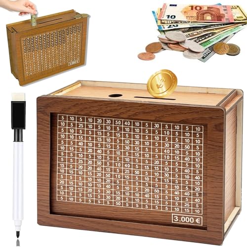 Spardose Aus Holz,Retro Sparbüchse Aufbewahrungsbox,Sparbox Mit Ziel,Sparschwein Mit Marker Sparbox Dabei Wiederverwendbare Spardose Mit Sparziel Und Zahlen Zum Ankreuzen.