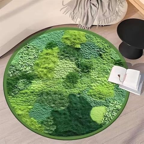 Lifup Green Moss Area Rug, Soft Botanical Print Shag Round Rug Carpet, Non Slip Washable Boho Area Rugs for Living Room Bedroom Decor Green 7 3.3 x 3.3 Feet Cover