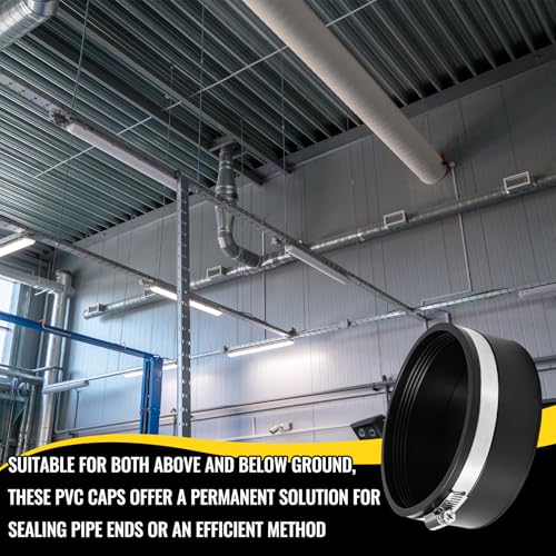 Image of 6 Pack 5 Inch Flexible PVC Pipe Cap with Stainless Steel Clamps - Black Durable End Caps for Drainage, Wastewater & Vent Pipes, Above /below Ground Use