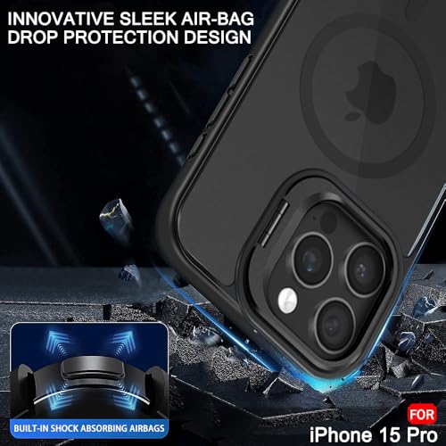 Image of TheGiftKart Hybrid Matte Frosted Back Cover Case for iPhone 15 PRO Compatible with MagSafe | Built-in Stand | Shockproof Hard Case Cover for iPhone 15 PRO (PC & TPU, Translucent Black)