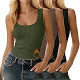 Oakgarden 3 Pack Women's Thermal Tank Tops Ribbed Scoop Neck Cotton Sleeveless Undershirts Fleece Lined Camisole Base Layer(Black, Mocha, Army Green,Medium)