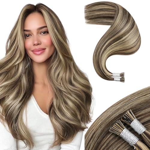 Image of Moresoo I Tip Hair Extensions Human Hair, Brown Caramel Highlight, 16 Inch | 40g 50 strands, flexible individual placement, human hair i tip extensions for everyday styling and date night looks