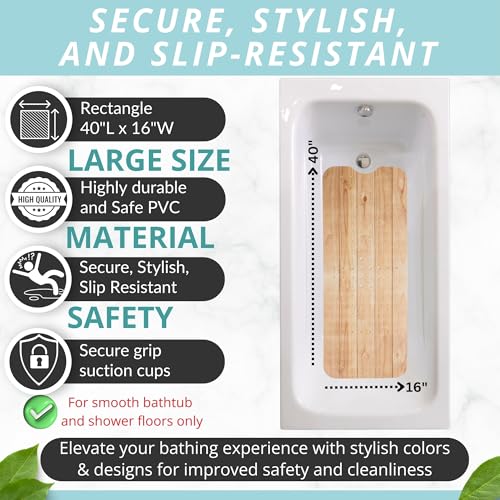 Image of ENKOSI Bath Mat - PVC Large 40 x 16 Inch Non-Slip Bathtub Mat with Secure Suction Cup Grip & Drain Holes - Extra Long Bathroom Shower Mat for Tub and Shower Floors with Wood Print Design (40x16 Wood)