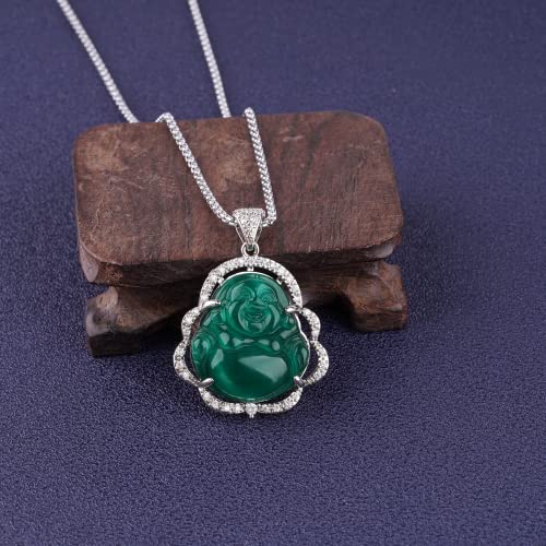 Image of ASGIFT Laughing Buddha Necklace Cubic Zirconia Green Jade Buddha Pendant with 18K Gold Plated Chain Lucky Buddha Necklace Jewelry Gift