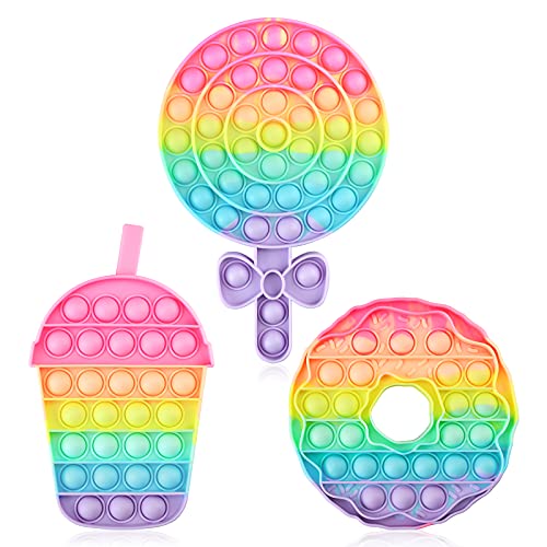 Aemotoy 3 Pack Pops Sensory Toys for Autism ADD ADHD Silicone Rainbow Squeeze Bubbles Stress Relief Toy Novelty Birthday Gift for Kids Adults,Lollipop+Cup+Donuts