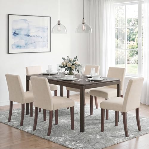 Image of Upholstered Dining Chairs Set of 6, Mid-Century Dining Room Chairs with Wooden Legs, Farmhouse Fabric Parsons Chairs for Small Space Restaurant & Cafe- Beige