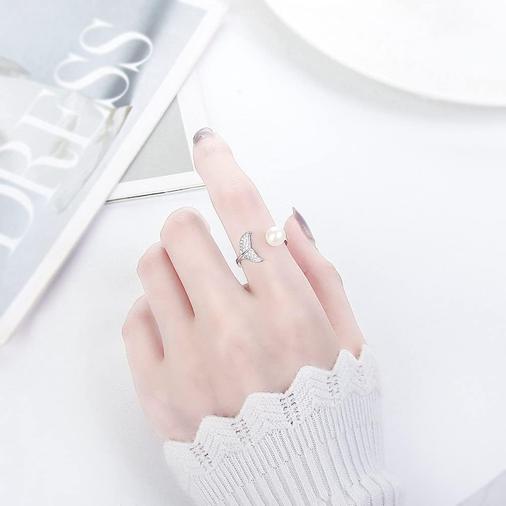 Sterling Silver CZ Mermaid Tail Design Adjustable Rings for Women, Design Ring Mounts Fittings with Pearl Seat for DIY Jewelry Making