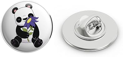 Cute Happy Silly Panda Bear Cartoon - Purple Flower Round Metal 0.75" Lapel Pin Hat Shirt Pin Tie Tack Pinback