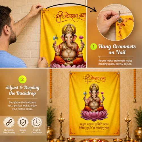 Image of SpecialYou Ganpati Decoration Setup for Home with Ganesh Backdrop (5x4ft) for Ganesh Decoration Items for Home Decor Item, Ganpati Decorations Backdrop Cloth for Decorations Pooja- 1Item