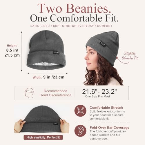 Image of 2 Pack Satin Lined Beanies for Men and Women Warm Cuffed Winter Hats | 60% cotton and 40% acrylic knit with smooth satin lining, stretch fit, cuffed ear coverage, and two-hat value for winter wear