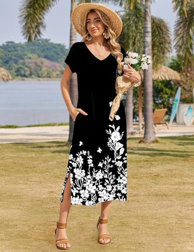 Image of Zeagoo Women Summer Floral Dress Short Sleeve Beach Dress with Pockets Casual V-Neck Split Long T-Shirt Dress Travel Vacation