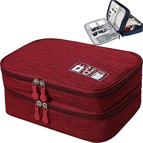 Qinntono Electronic Organizer Small Travel Cable Organizer Bag,Electronics Travel Organizer Accessories Cord Cable Storage Bag,Large Double Layer Cable Bag for Hard Drives,Cables,Card,Earphone (Red)