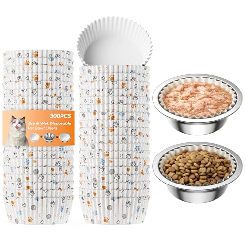 300PCS Disposable Pet Feeding Bowls Bulk for Cats & Dogs Printed Paper Cat Food Bowl Liners for Wet & Dry Food Leak Resistant Small Pet Bowl Covers Easy Clean Feeding Supplies White Pattern