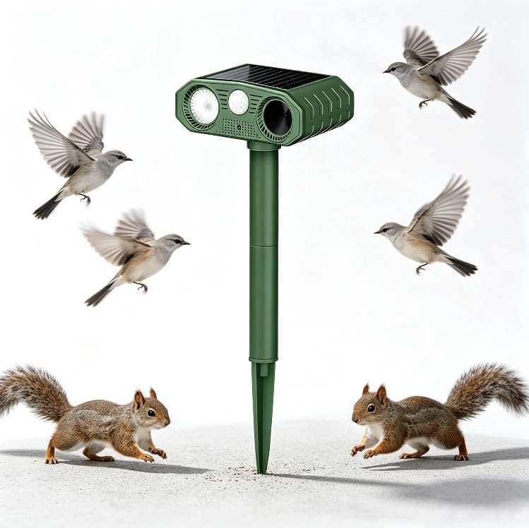 Solar Powered Bird Repellent Devices, Bird Scarers Waterproof Outdoor, Bird Repeller with Sound Light for Garden Yard, Farm Orchard Crop for Repelling Foxes Cats Dogs Squirrels，Green*1