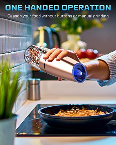 Xinxu Gravity Automatic Pepper And Salt Grinder With Blue Led Light, Stainless Steel, Adjustable Coarseness, One Hand Operated, Come With Brush, Gift Ideal For Housewarming, Copper #TOP1