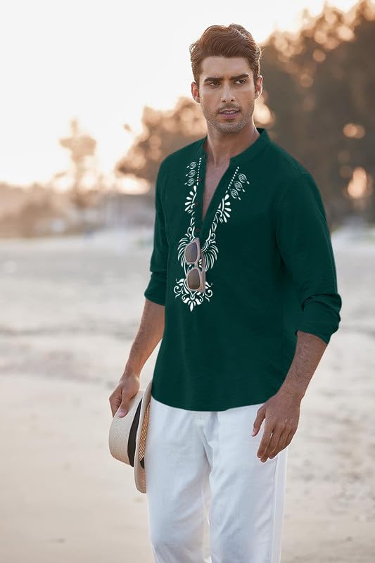 Image of FINIVO FASHION Men's Cotton Blend Short Kurta with Bold Printed Front Design | Full Sleeve Ethnic Casual Kurta with Mandarin Collar | Artistic Festival & Travel Wear for Modern Ethnic Style