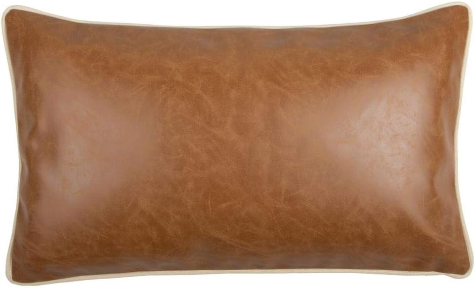 Faux Leather Brown Tangerine Cognac 14"x24" Lumbar Pillow Case/Cushion Cover Modern Contemporary Design Decorative Throw Pillowcase with Piping for Home, Office Couch, Sofa, Chair