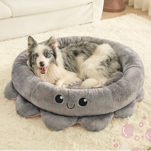 Jiupety süße, beruhigende Hundebetten für große und extra-Hunde, Angstpolster, Octopus-Form, Grau, XL, Boho, rundes Haustierbett mit abnehmbarer Katzenkissen