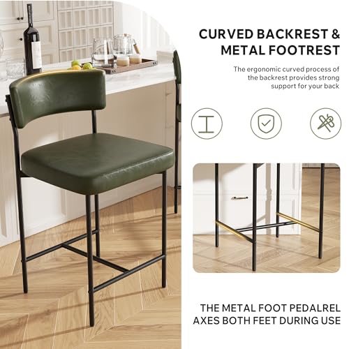 Image of Bar Stools, Faux Leather Counter Height Barstools with Curved Back, 25 Inch Upholstered Bar Chairs, Modern Counter Stools for Kitchen lsland, Green