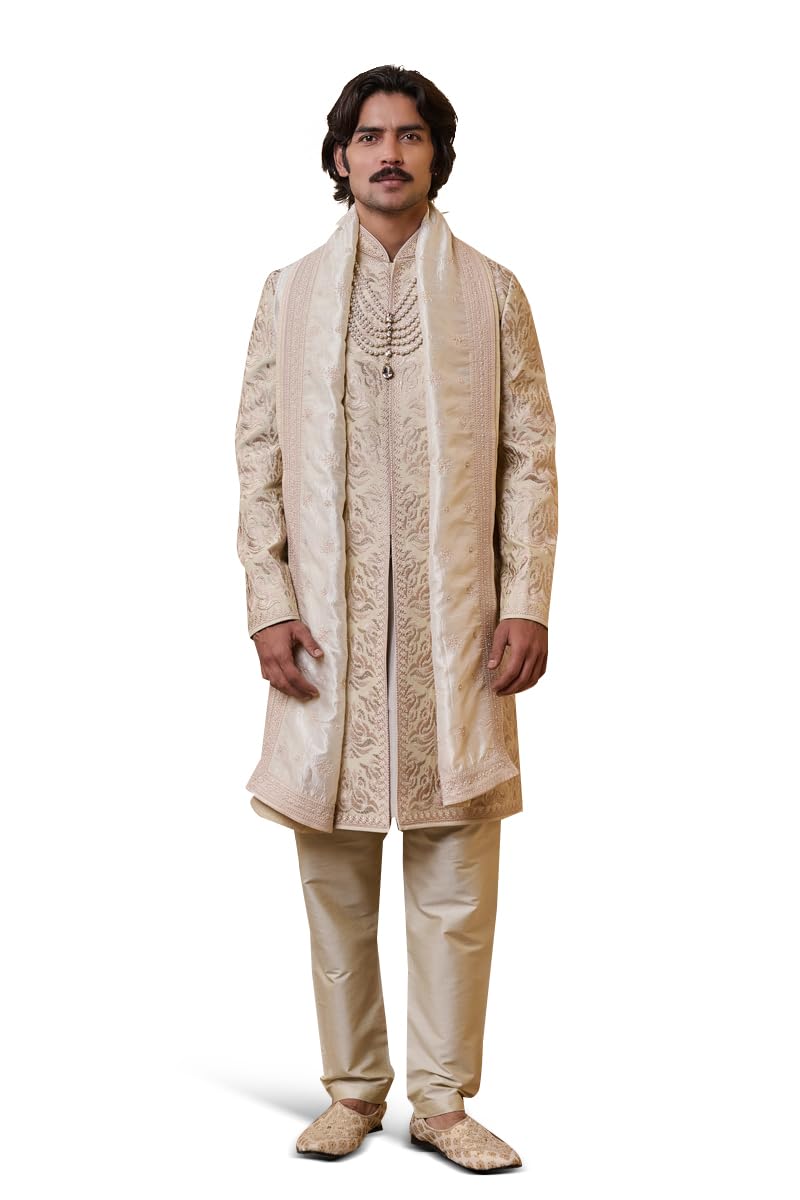 Cream Embroidered Sherwani With Java Detailing For Men-image-8
