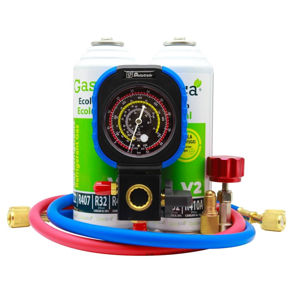 Kältemittelgaspaket Gasica V2 Ersatz für R22, R407, R32, R410A (2 FLASCHEN + MANOMETER + ADAPTER)