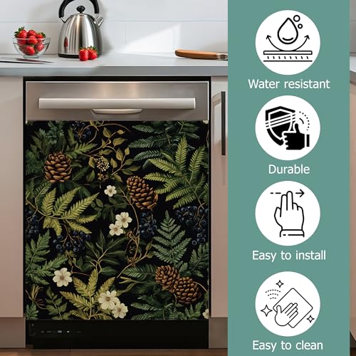 Image of Green Herb Leaves Dishwasher Covers for The Front Magnetic,Blue Berry Pine Cones Refrigerator Magnets Decoration,Reusable Dishwasher Cover Panel for Home Kitchen Decor 23x26 Inch