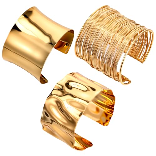Gold Chunky Cuff Bangle Bracelets for Women, 3Pcs Irregular Big Gold Arm Bracelets Set Adjustable Wide Bangle, Minimalist Statement Punk Jewelry, Arm Cuff Upper Jewelry for Casual or Party Wear