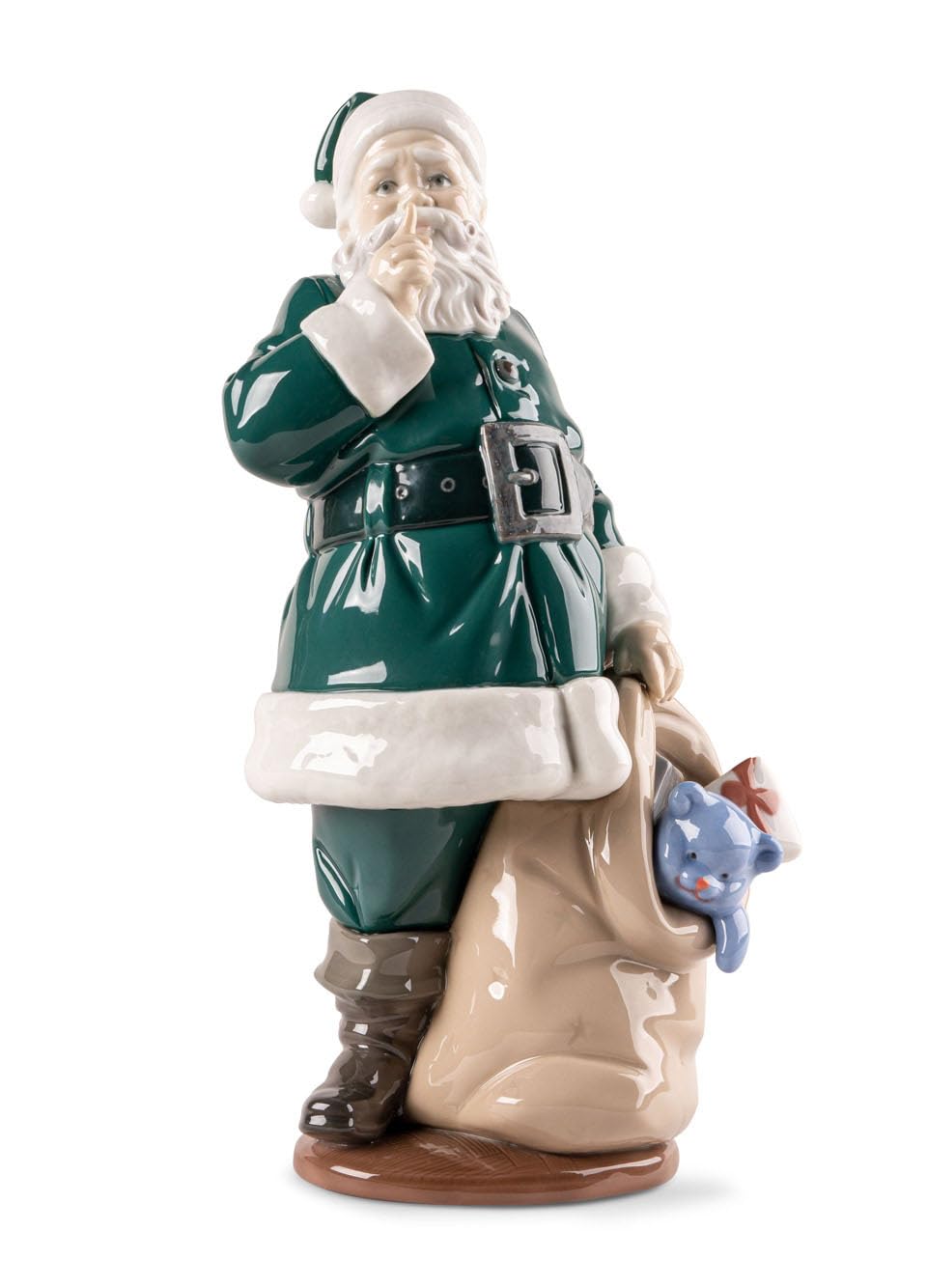 Lladró Green Porcelain Figure Santa Claus Has Arrived In Color. Christmas Sculpture Of Santa Claus In Porcelain.