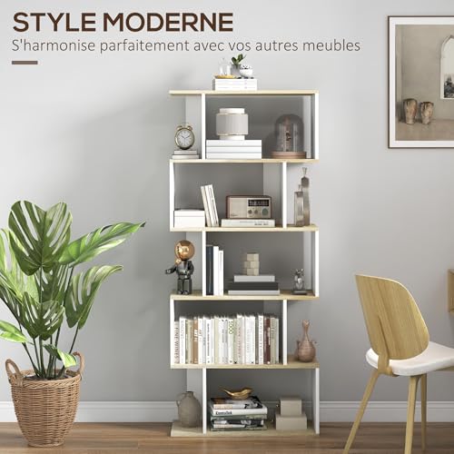 HOMCOM Bibliothèque Meuble de Rangement Style scandinave avec 5 étagères Anti-basculement Charge 25 kg pour Bureau Salon Chambre 70x29,5x163 cm Aspect Bois et Blanc – Image 6
