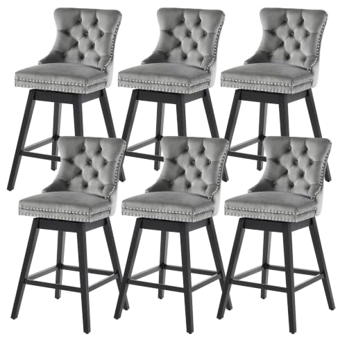 Image of Grey Swivel Bar Stools, Velvet Counter Height Bar Stools Set of 6 | 360 Swivel Bar Chairs, Solid Wood Legs, Upholstered Kitchen Island Stools, Modern Extra Wide Seat (Grey, 26 inch H, 6 Pack)