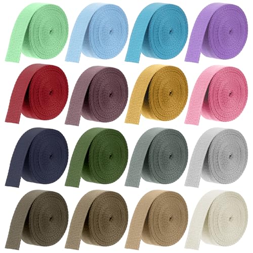 Vin Beauty 16 Rolls Cotton Webbing Strap 1 Inch Wide 3.3 Yard Polyester Webbing Straps for Bag Making Supplies, 16 Colors Nylon Twill Tape Strapping for Pets, DIY Crafts Furniture Backpack, Gardening
