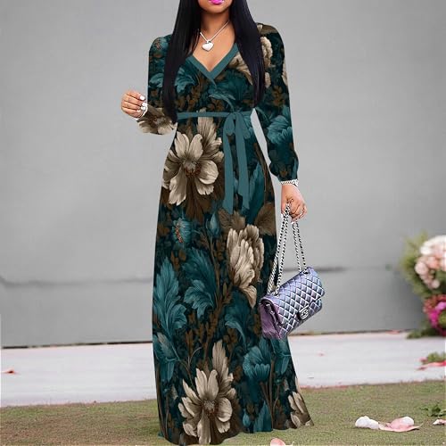 Image of PinkPatty Women's Print Maxi Dresses 3 /4 Sleeve Flowy Long Dress V Neck Wrap Tie Waist Sundress