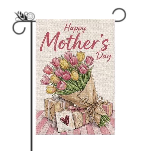 Mother's Day Garden Flag - Tulips Flag Vertical Double Sided For Outside Love Mom Pink Flowers Holiday Gift Lawn Yard Home Outdoor Decorations 12.5 x 18 Inch