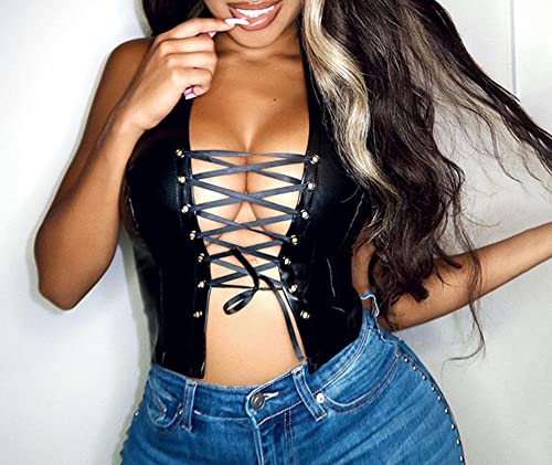 xxxiticat Women's Halter PU Leather Crop Top Lace Up Bandage Criss Cross Eyelet Cropped Faux Leather Tank Camisole Shirt4