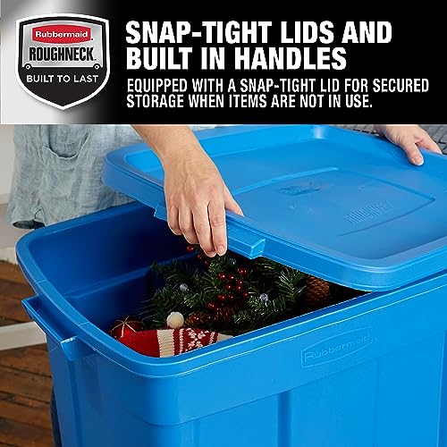 Image of Rubbermaid Roughneck Tote 25 Gal, 4 Pack, Made in USA, Heritage Blue, Rugged Plastic Stackable Storage Bins with Lids and Handles