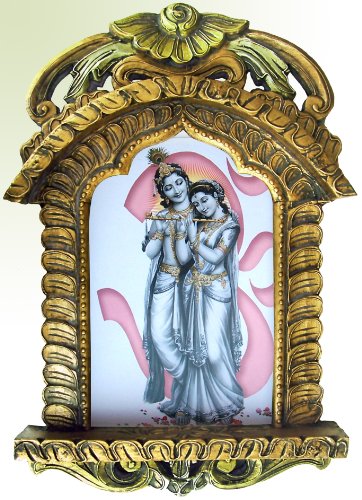 Handicraft Store Lord Radha Kryszna ze swoją krową i pawiem plakat obraz w drewnie Jharokha