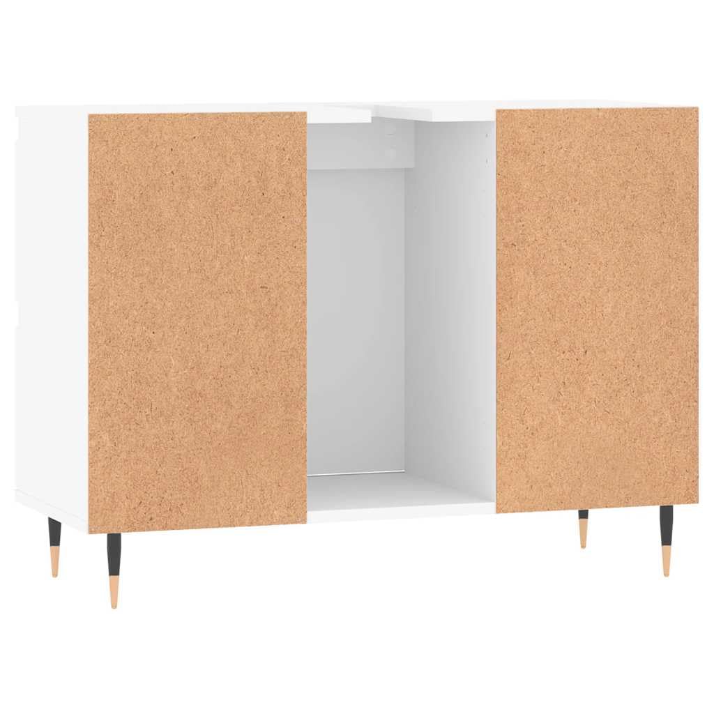 Armadietto da bagno bianco, 80 x 33 x 60 cm, in legno con piedini in ferro, 1 anta e 4 cassetti, per il bagno, con supporto da parete