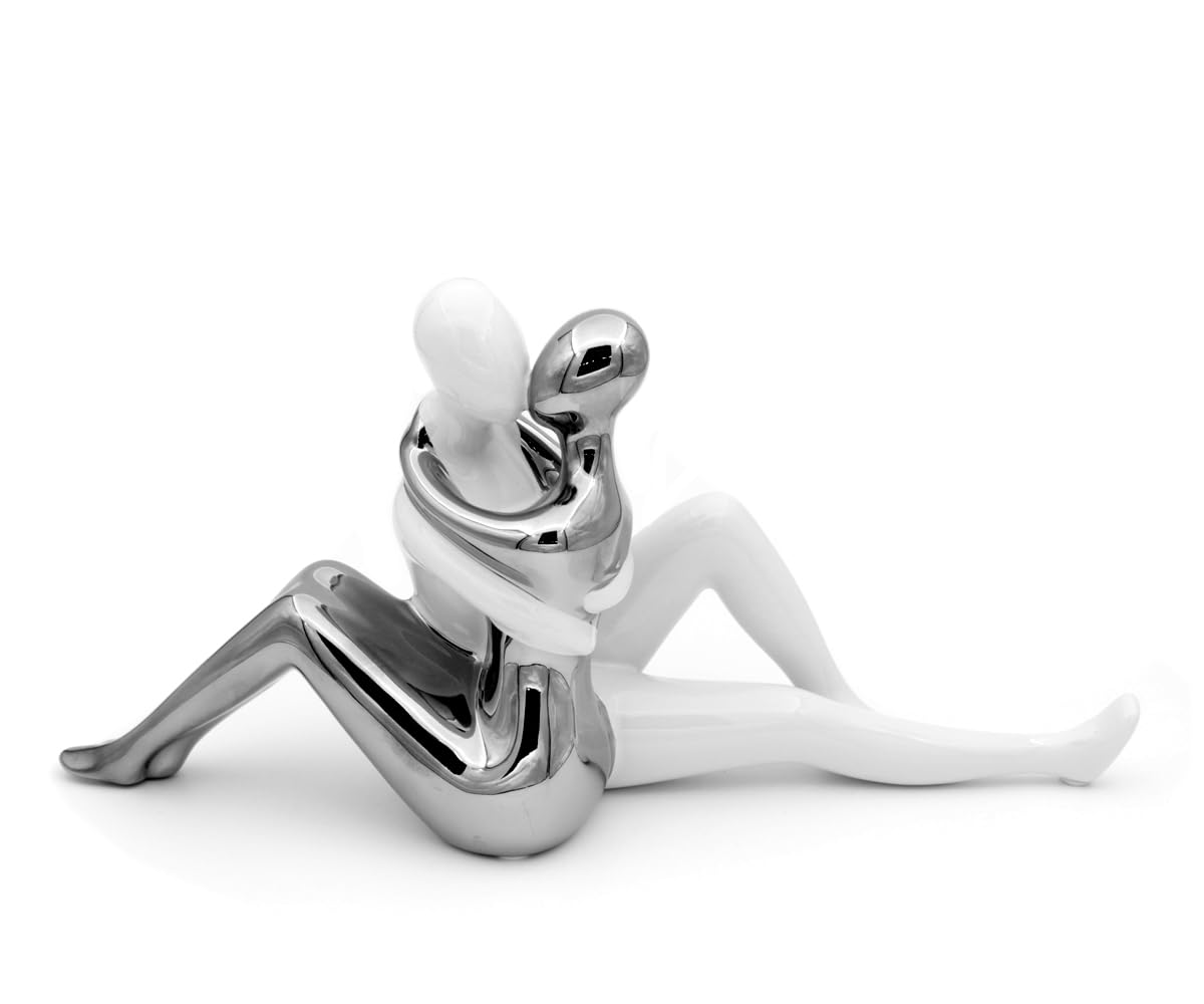 Brillibrum Figura Decorativa de diseño de Pareja de Amor, Figuras de cerámica, Pareja con corazón, Figura Decorativa Blanca, Regalo de Boda, Pareja de Novios, Figura de Porcelana Plateada