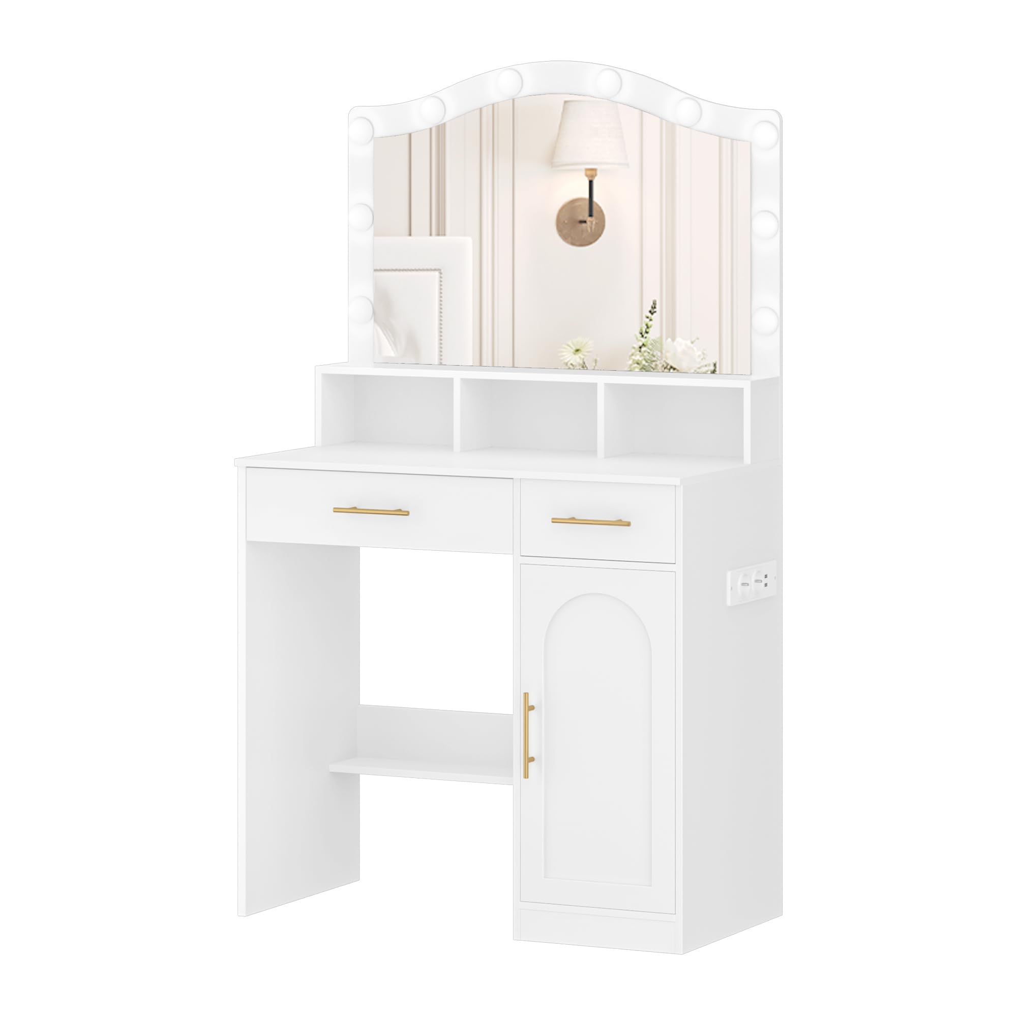 Hzuaneri Vanity, DużE Lustro Hd, 3-Kolorowe Regulowane śWiatłA Led, Ze Stacją łAdująCą, 2 Gniazdami Ac I 2 Portami Usb, 2 Szufladami I 1 Szafką Do Przechowywania, BiałO-ZłOta DT361HDT