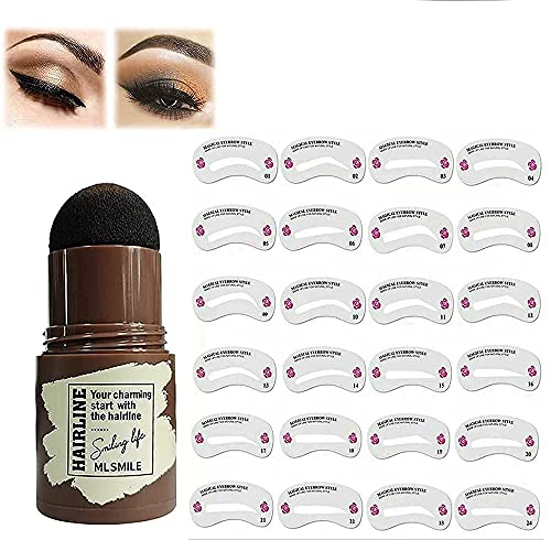 One Step Eyebrow Stamp Shaping Kit, Eyebrow Stamp Stencil Kit with 24 Reusable Stencils, Long Lasting Waterproof Brow Powder Stamp Makeup, Hairline Shadow Powder Stick for Women (Black Brown)