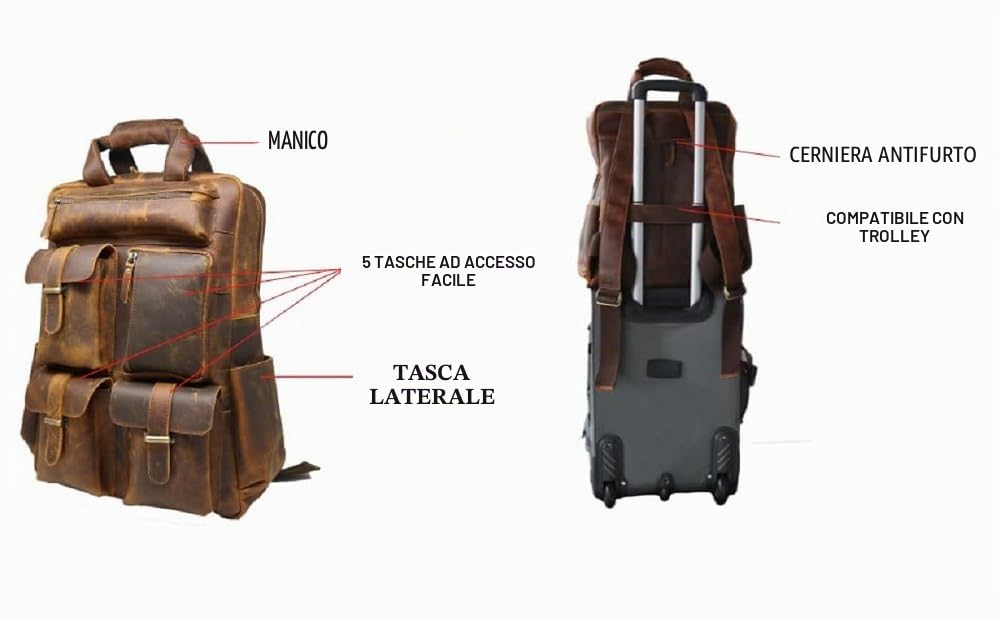 Jaald 45 Cm Zaino Bagaglio Borsa Zainetto Carry on a Palestra Mano in Vera Pelle da Uomo Donna Leather Laptop Backpack da Viaggio Scuola Universita Professionale Casual Vintage Elegante Regalo
