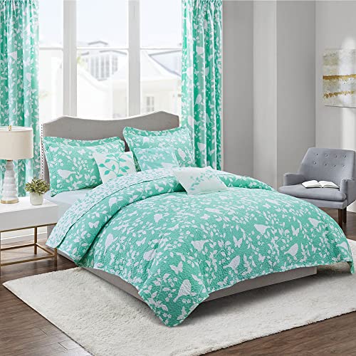 HESTIN 8 Piece Microfiber Reversible Bedspread Plant Design Matching Light Filtering Curtains for All Season, Seafoam, King (102