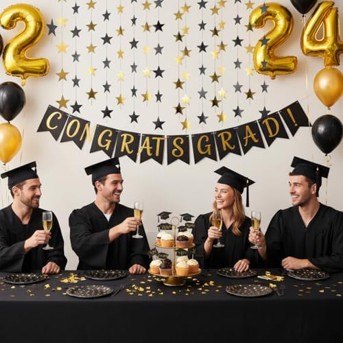 Image of Patelai Glitter Star Garland Banner 2026 Party Decoration Double Side Star Hanging String Streamer Paper Twinkle for Graduation Wedding Birthday(Gold and Black,130 Feet)