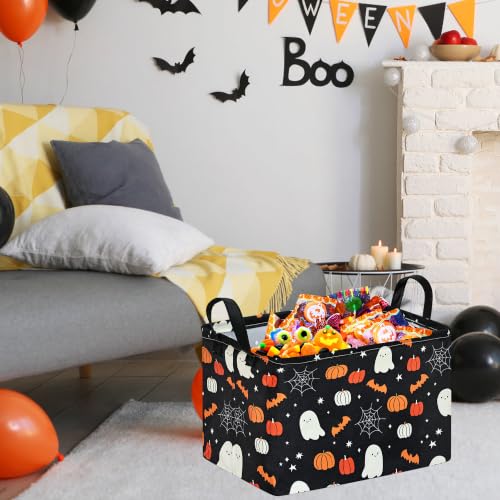 Image of Halloween Storage Basket Home Shelf Basket Rectangle Organizer Box Toys Clothes Laundry Hamper Nursery Bin Gift Laundry Basket with Handles(Black Cute Ghost Pumpkin)
