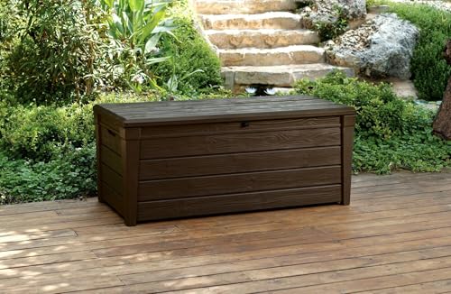 Dmora - Baúl de almacenamiento Exterior Luserna, Cofre de jardín, Banco con almacenaje, Arcón para exteriores, 145x70 h60 cm, Marrón